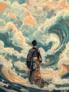 孤身立涛间的古风人物