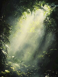 森林中的阳光洒落美景