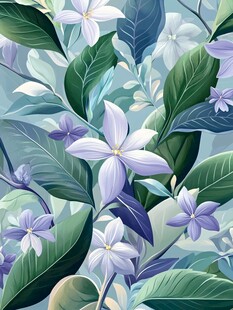 梦幻蓝紫花卉绿叶图案