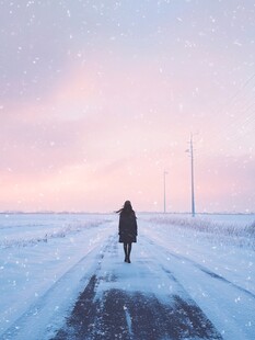 雪中独行的孤寂身影