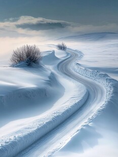 冬日雪野中的蜿蜒车辙