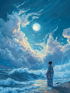 月夜下的海边孤独身影