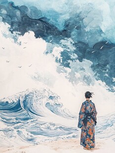 和服女子凝望汹涌海浪