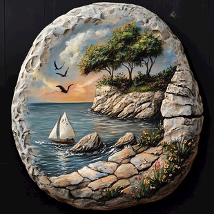 石上绘景 海边帆船与飞鸟