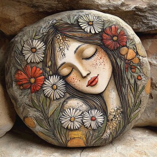 石上花仙子彩绘艺术作品