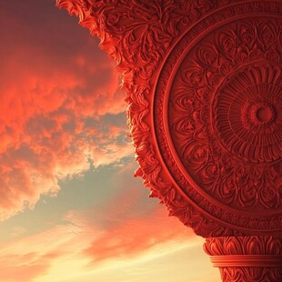 夕阳下的精美红色雕花建筑