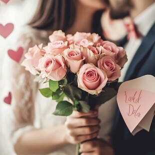 浪漫情侣手捧粉色玫瑰花束