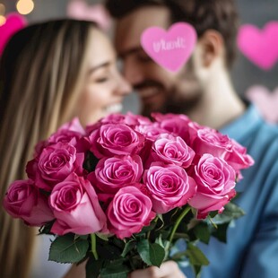 情侣手持粉玫瑰甜蜜相依