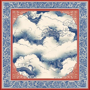 中式云纹图案方形丝巾设计