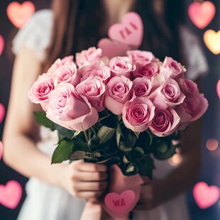 手捧粉玫瑰的浪漫时刻