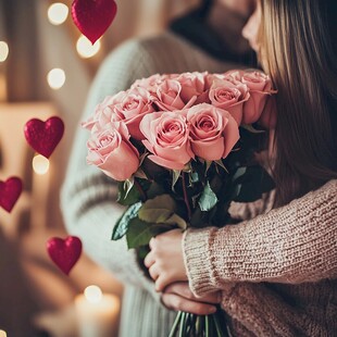 情侣相拥手持浪漫粉玫瑰