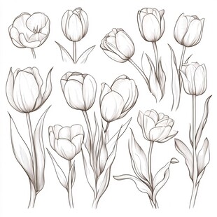 手绘线条风郁金香插画集