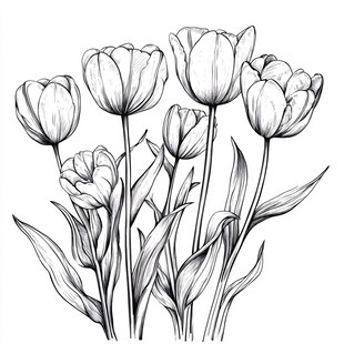 黑白线条手绘郁金香插画