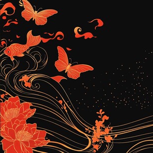 中式黑金风蝴蝶金鱼花卉图