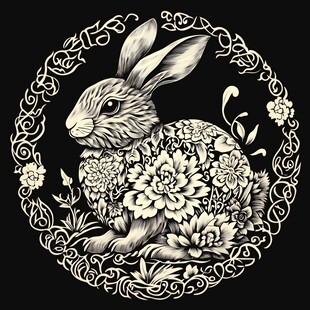 花卉环绕的精致兔子图案