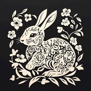 花饰兔子剪纸风图案设计