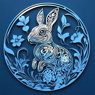 蓝色剪纸风兔子花卉图案