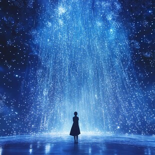 仰望星瀑的孤独身影