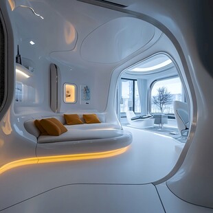 未来感梦幻白色弧形卧室