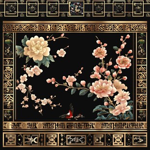 中式古典花卉边框装饰图案