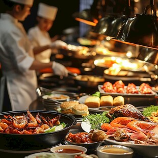 丰盛自助餐美食与忙碌厨师