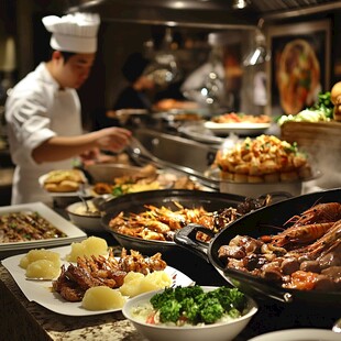 厨师在丰盛美食旁忙碌