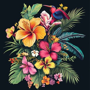 热带花卉与蜂鸟插画艺术