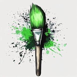 绿色画笔与泼墨艺术画面