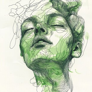 绿色线条勾勒的闭眼人像