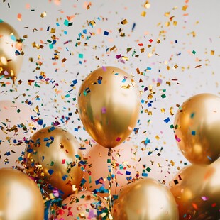 金色气球与缤纷彩屑派对场景