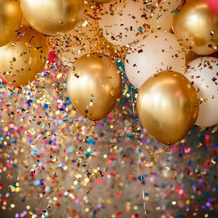 金色气球与缤纷彩屑的盛宴
