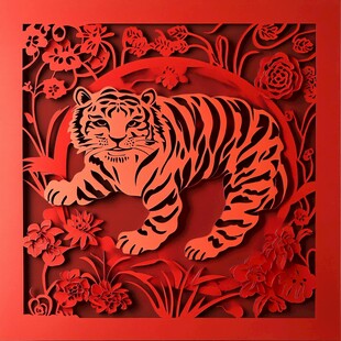虎年剪纸风老虎花卉图案