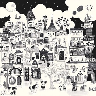 梦幻黑白手绘童话城镇景象