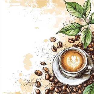 手绘风咖啡饮品与咖啡豆背景