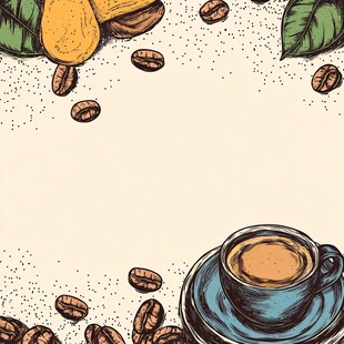 手绘咖啡场景 咖啡豆与杯