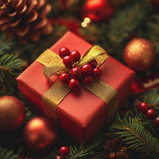 圣诞红礼盒与节日装饰