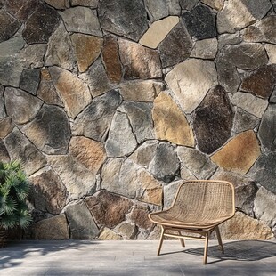 石砌墙面旁的藤编休闲椅