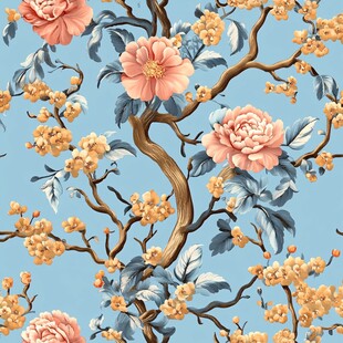 蓝底花卉树枝精美图案
