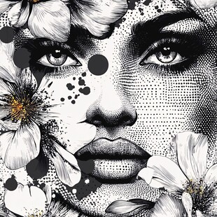 黑白花卉装饰的女性面孔