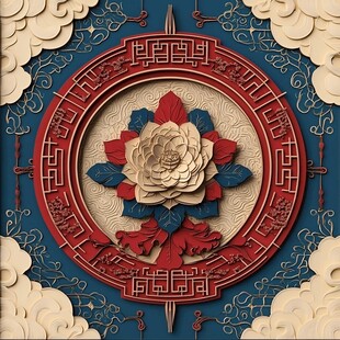 中式立体纸艺花卉装饰图案