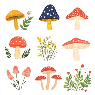 可爱手绘蘑菇与花草图案