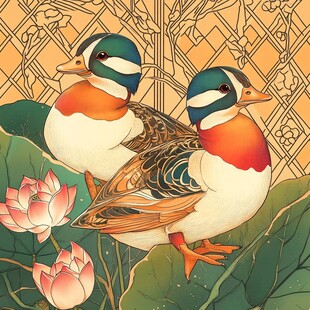 荷塘双鸭图