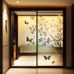 中式蝴蝶花枝玻璃推拉门