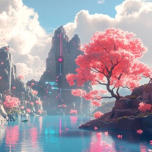 梦幻赛博桃源山水风光