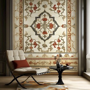 复古花纹墙纸搭配简约座椅
