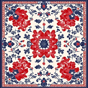 中式红蓝花卉图案纹样