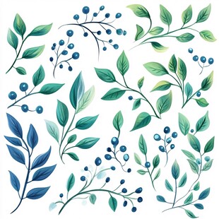水彩风绿叶蓝果植物元素