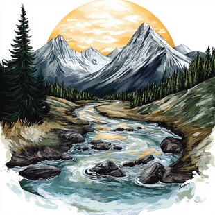 山间溪流伴落日美景