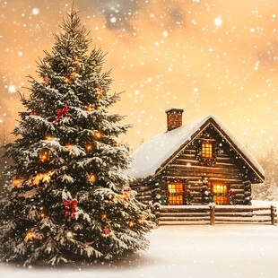 雪夜木屋旁的璀璨圣诞树