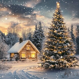 冬日木屋旁的璀璨圣诞树